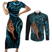 Maripi New Zealand Couples Matching Short Sleeve Bodycon Dress and Long Sleeve Button Shirt Maori Weapon Paua Shell Haka Fern LT14 Turquoise - Polynesian Pride