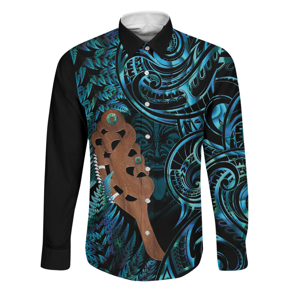 Maripi New Zealand Family Matching Mermaid Dress and Hawaiian Shirt Maori Weapon Paua Shell Haka Fern LT14 Dad's Shirt - Long Sleeve Turquoise - Polynesian Pride