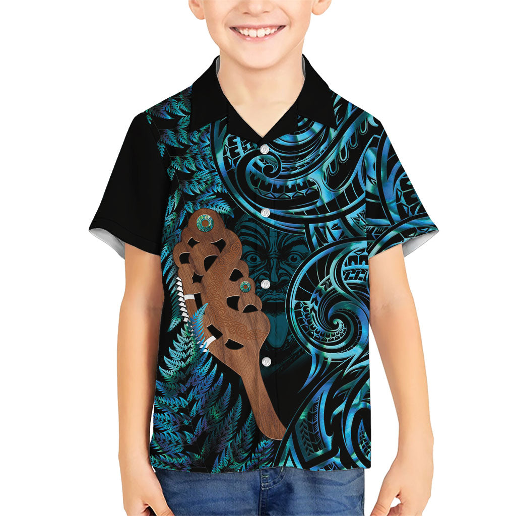 Maripi New Zealand Family Matching Off The Shoulder Long Sleeve Dress and Hawaiian Shirt Maori Weapon Paua Shell Haka Fern LT14 Son's Shirt Turquoise - Polynesian Pride