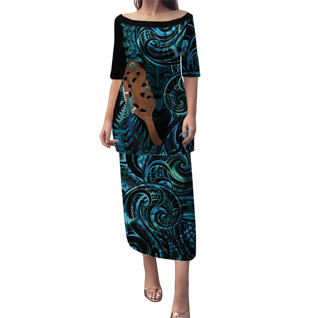 Maripi New Zealand Family Matching Puletasi and Hawaiian Shirt Maori Weapon Paua Shell Haka Fern LT14 Mom's Dress Turquoise - Polynesian Pride