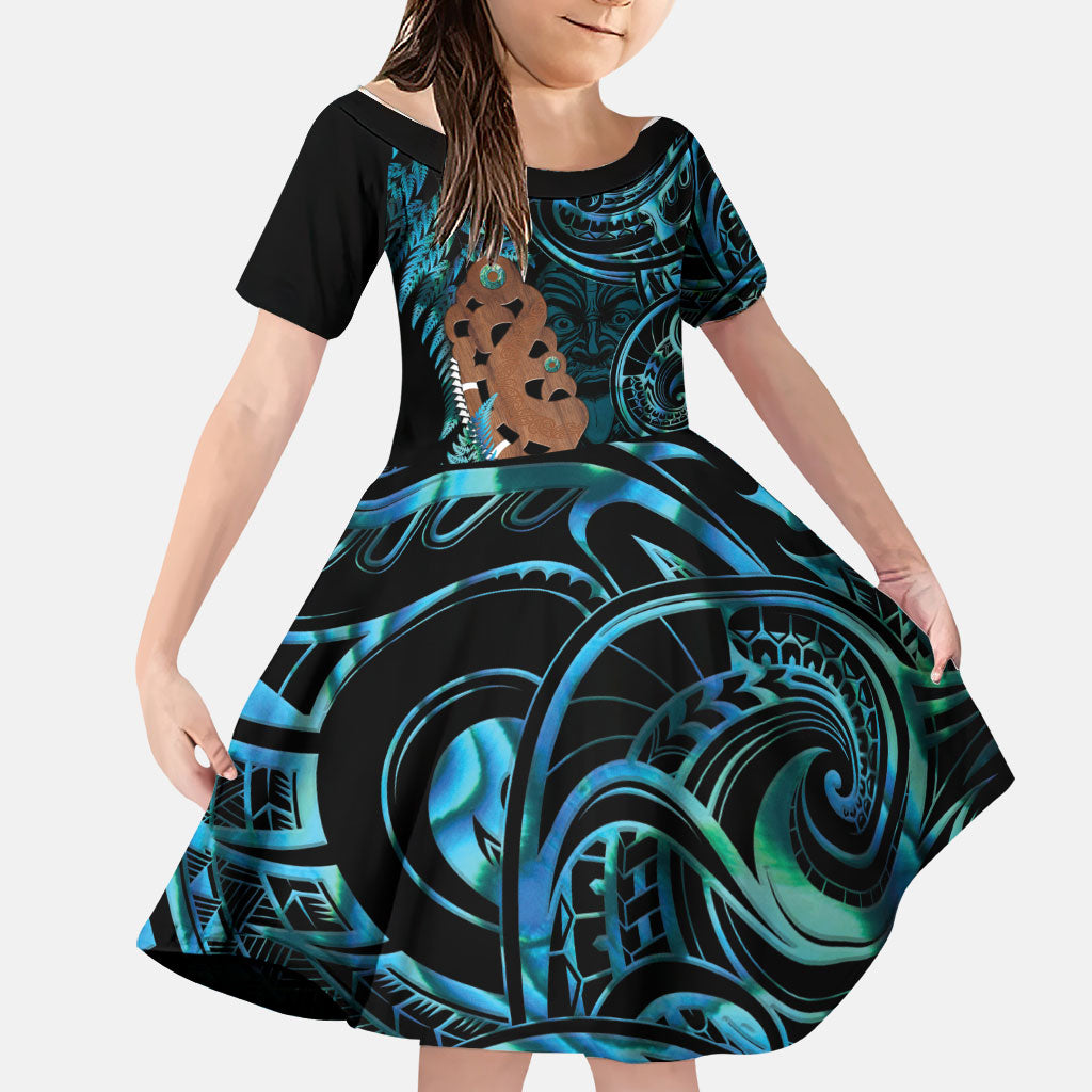 Maripi New Zealand Family Matching Short Sleeve Bodycon Dress and Hawaiian Shirt Maori Weapon Paua Shell Haka Fern LT14 Daughter's Dress Turquoise - Polynesian Pride