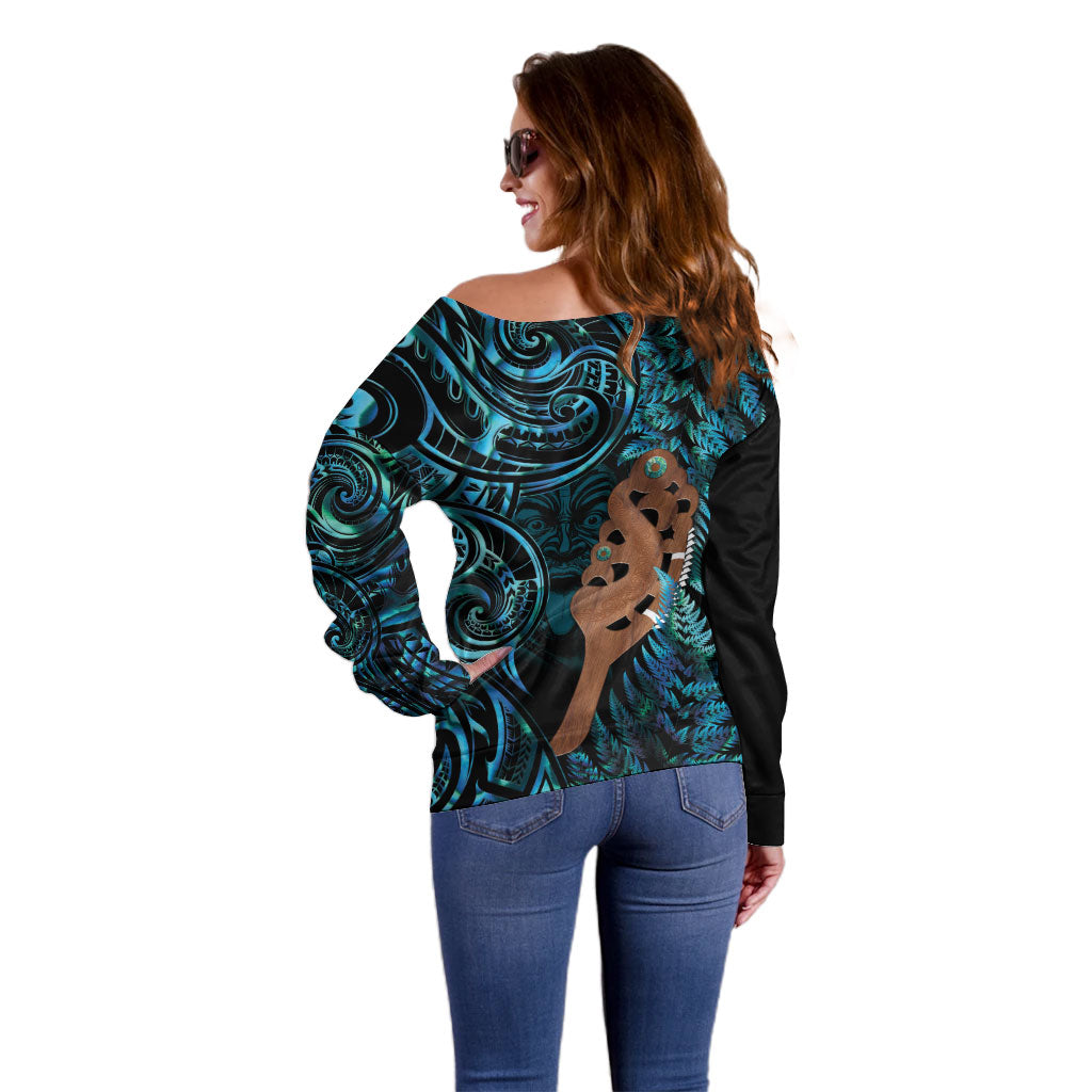 Maripi New Zealand Off Shoulder Sweater Maori Weapon Paua Shell Haka Fern LT14 - Polynesian Pride