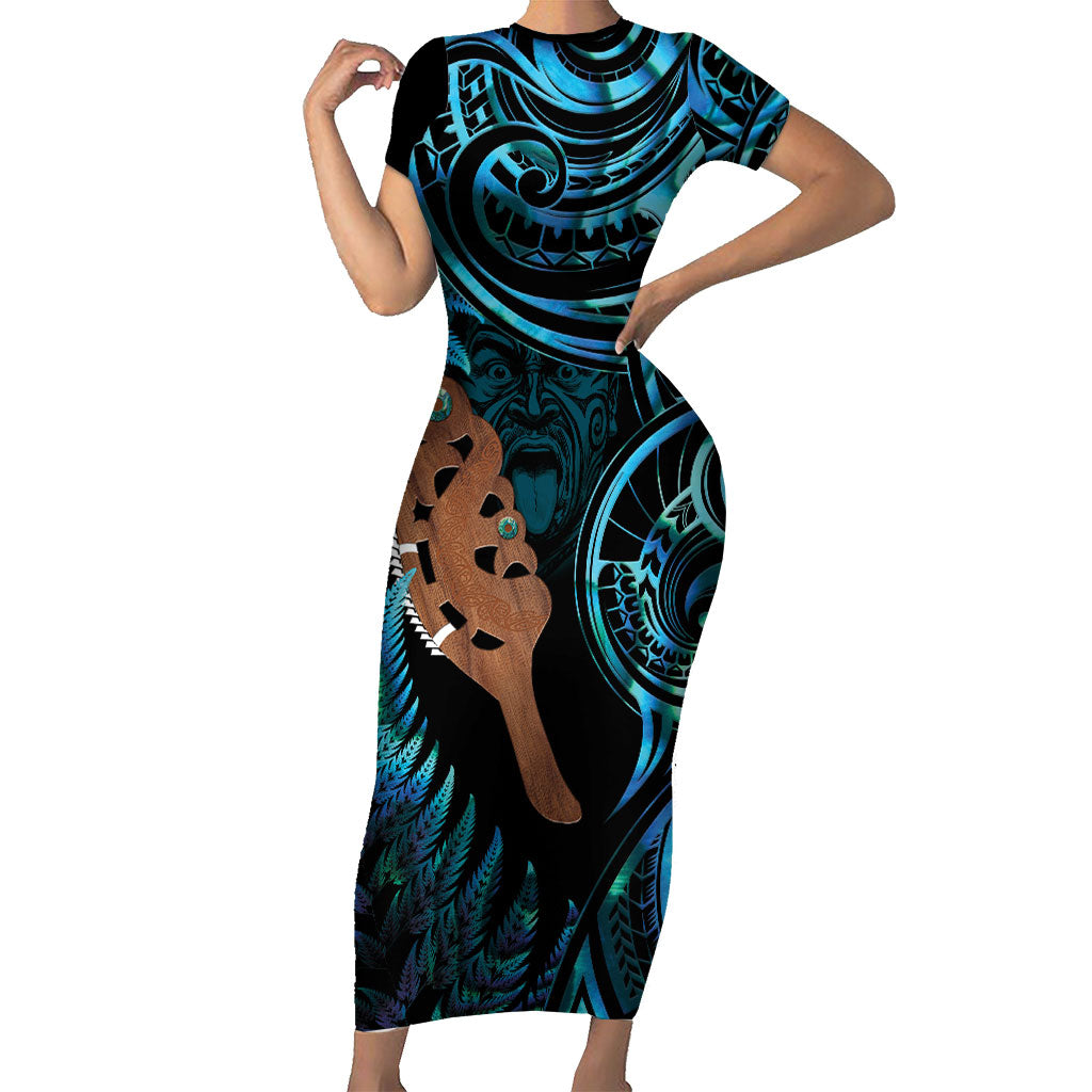 Maripi New Zealand Short Sleeve Bodycon Dress Maori Weapon Paua Shell Haka Fern LT14 Long Dress Turquoise - Polynesian Pride