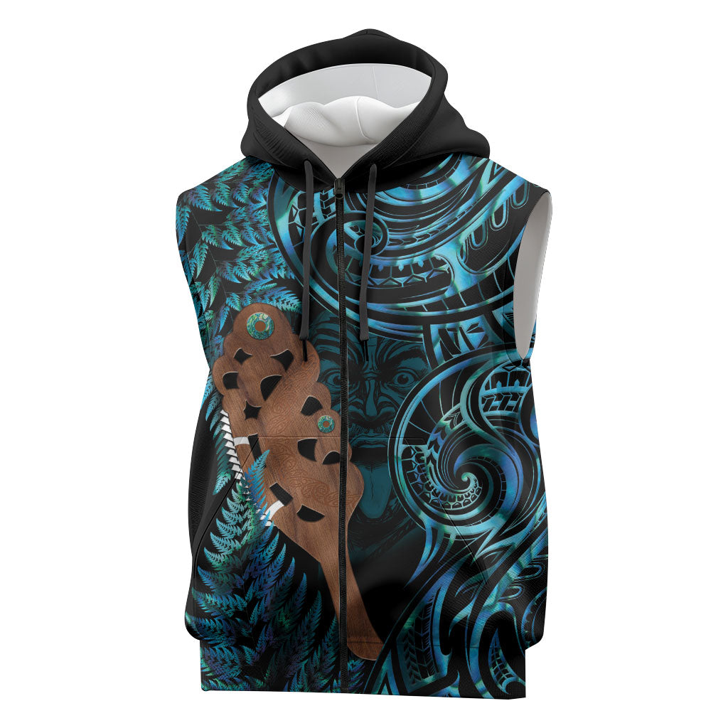 Maripi New Zealand Sleeveless Zip Hoodie Maori Weapon Paua Shell Haka Fern LT14 Turquoise - Polynesian Pride