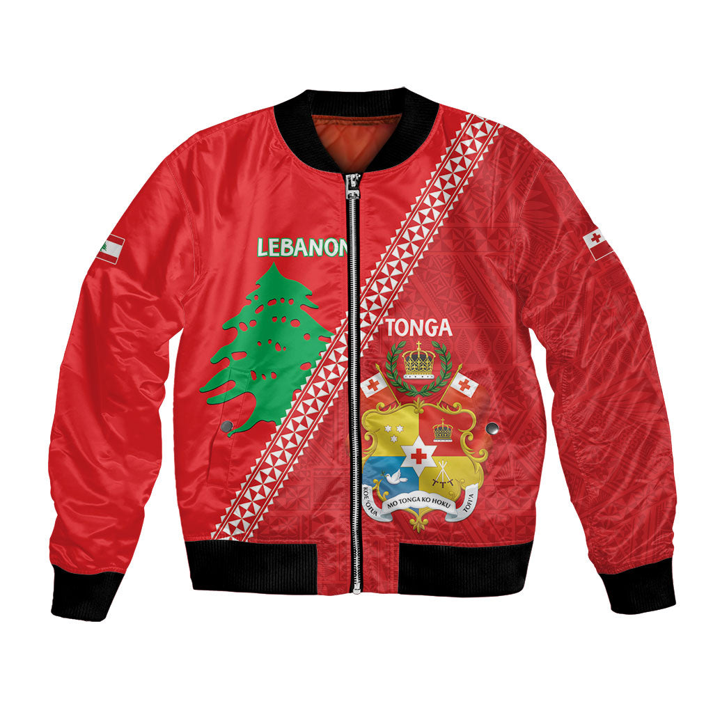 Tonga And Lebanon Bomber Jacket 2026 Together Half Style LT14 Unisex Red - Polynesian Pride