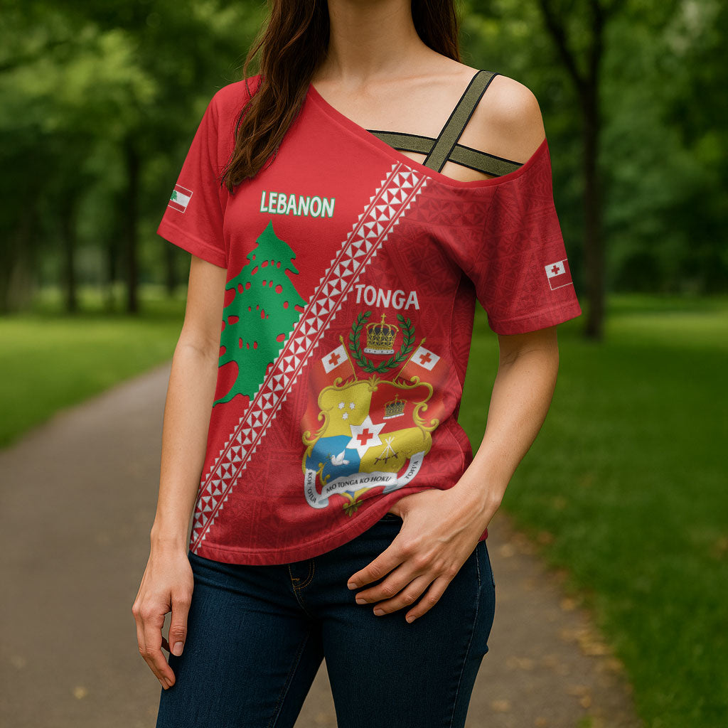 Tonga And Lebanon Cross Shoulder Shirt 2026 Together Half Style LT14 - Polynesian Pride
