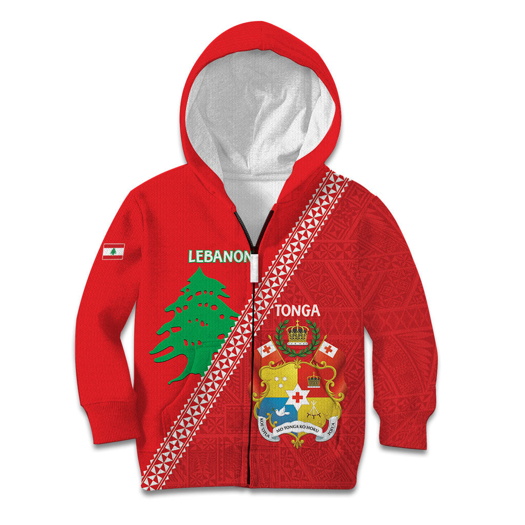 Tonga And Lebanon Kid Hoodie 2026 Together Half Style LT14 Zip Hoodie Red - Polynesian Pride