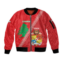 Tonga And Lebanon Sleeve Zip Bomber Jacket 2026 Together Half Style LT14 Unisex Red - Polynesian Pride