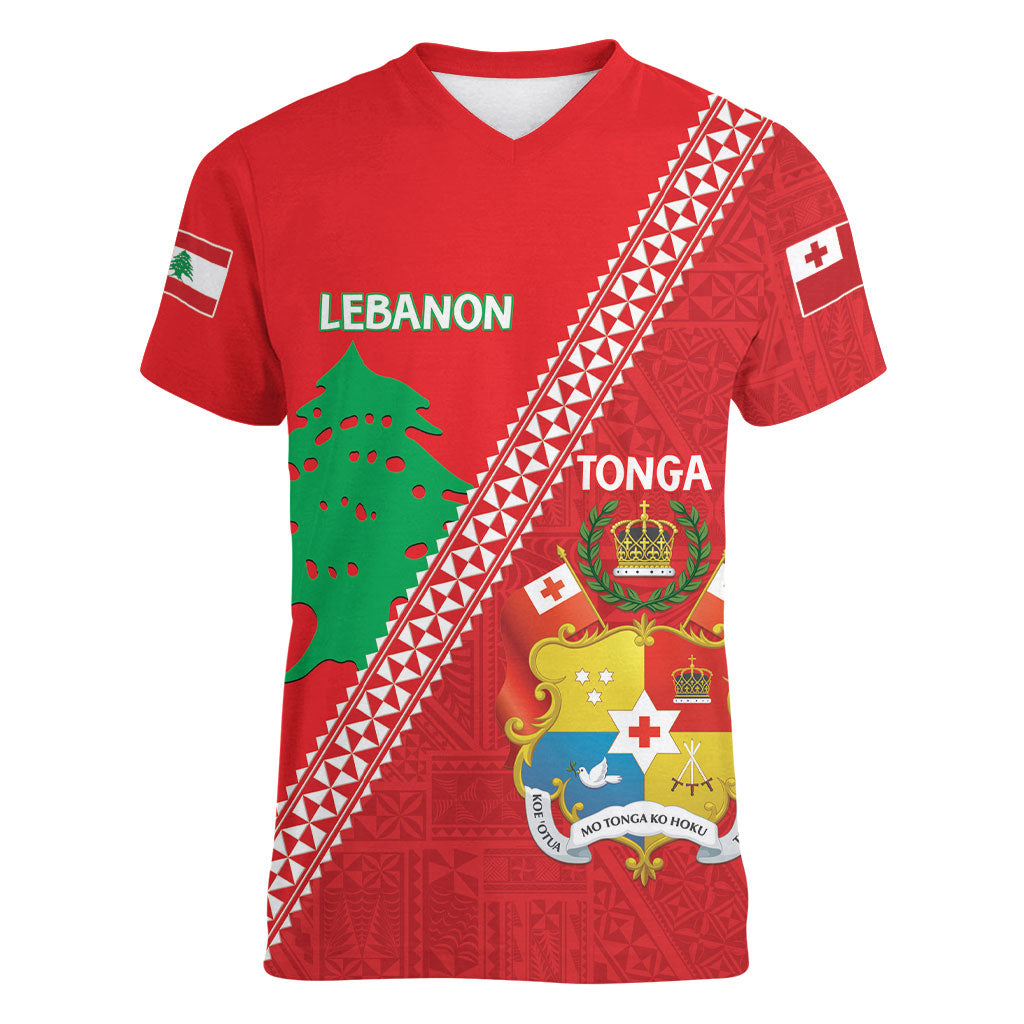 Tonga And Lebanon Women V-Neck T-Shirt 2026 Together Half Style LT14 Female Red - Polynesian Pride