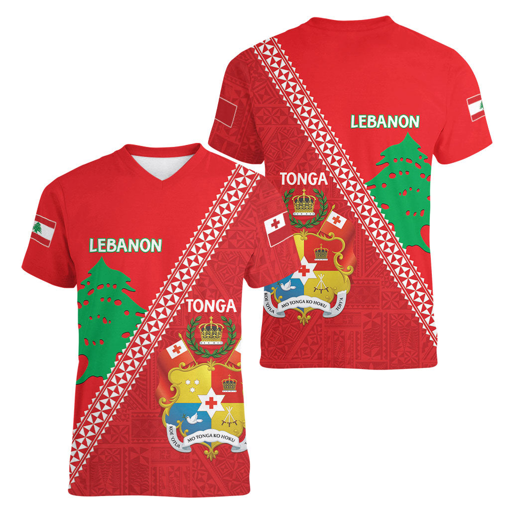 Tonga And Lebanon Women V-Neck T-Shirt 2026 Together Half Style LT14 - Polynesian Pride