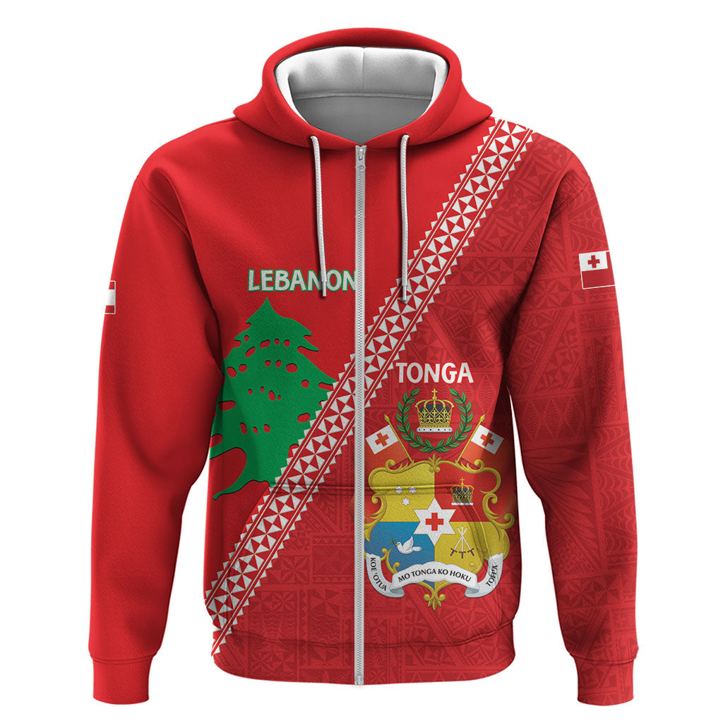 Tonga And Lebanon Zip Hoodie 2026 Together Half Style LT14 Zip Hoodie Red - Polynesian Pride