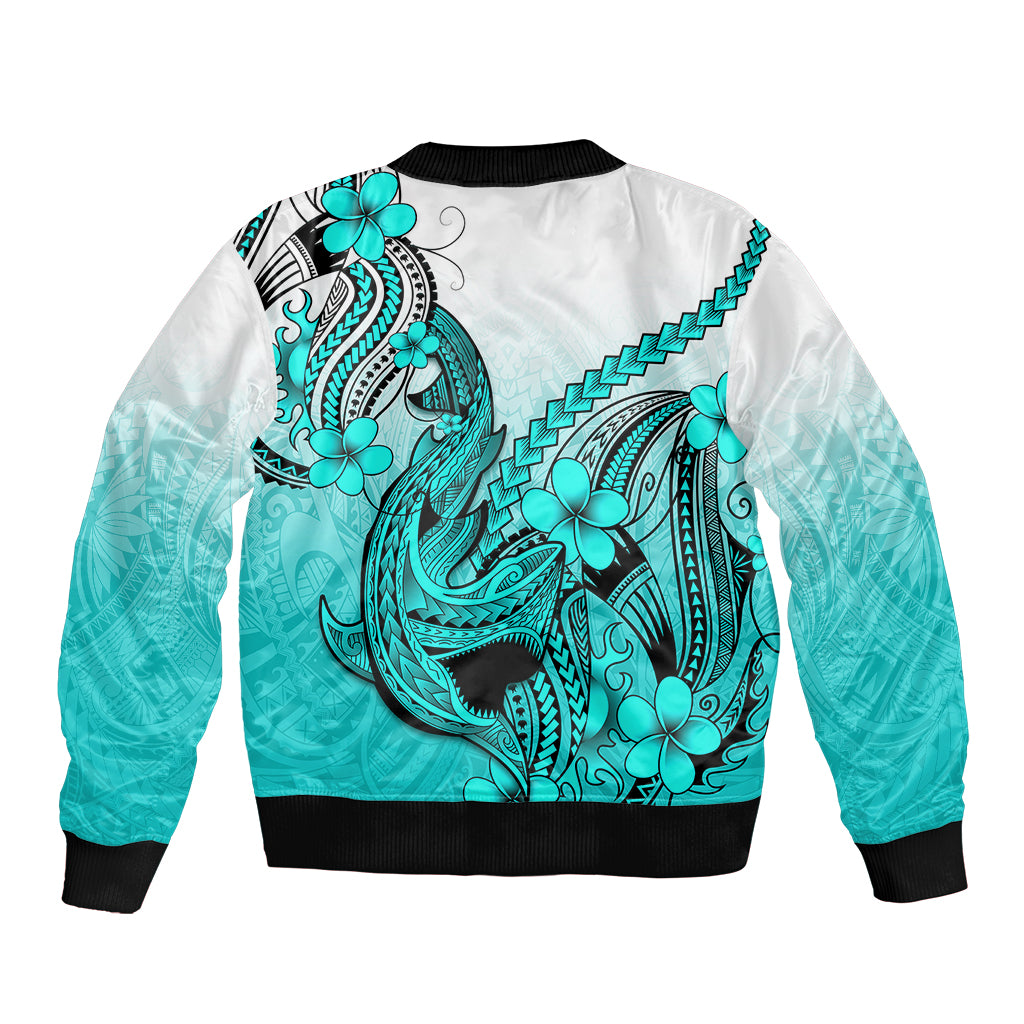 Hawaii Bomber Jacket Polynesian Shark Tattoo With Plumeria Turquoise Gradient LT14 - Polynesian Pride