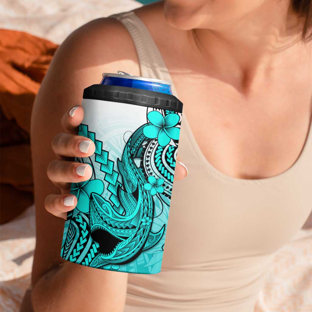 Hawaii 4 in 1 Can Cooler Tumbler Polynesian Shark Tattoo With Plumeria Turquoise Gradient