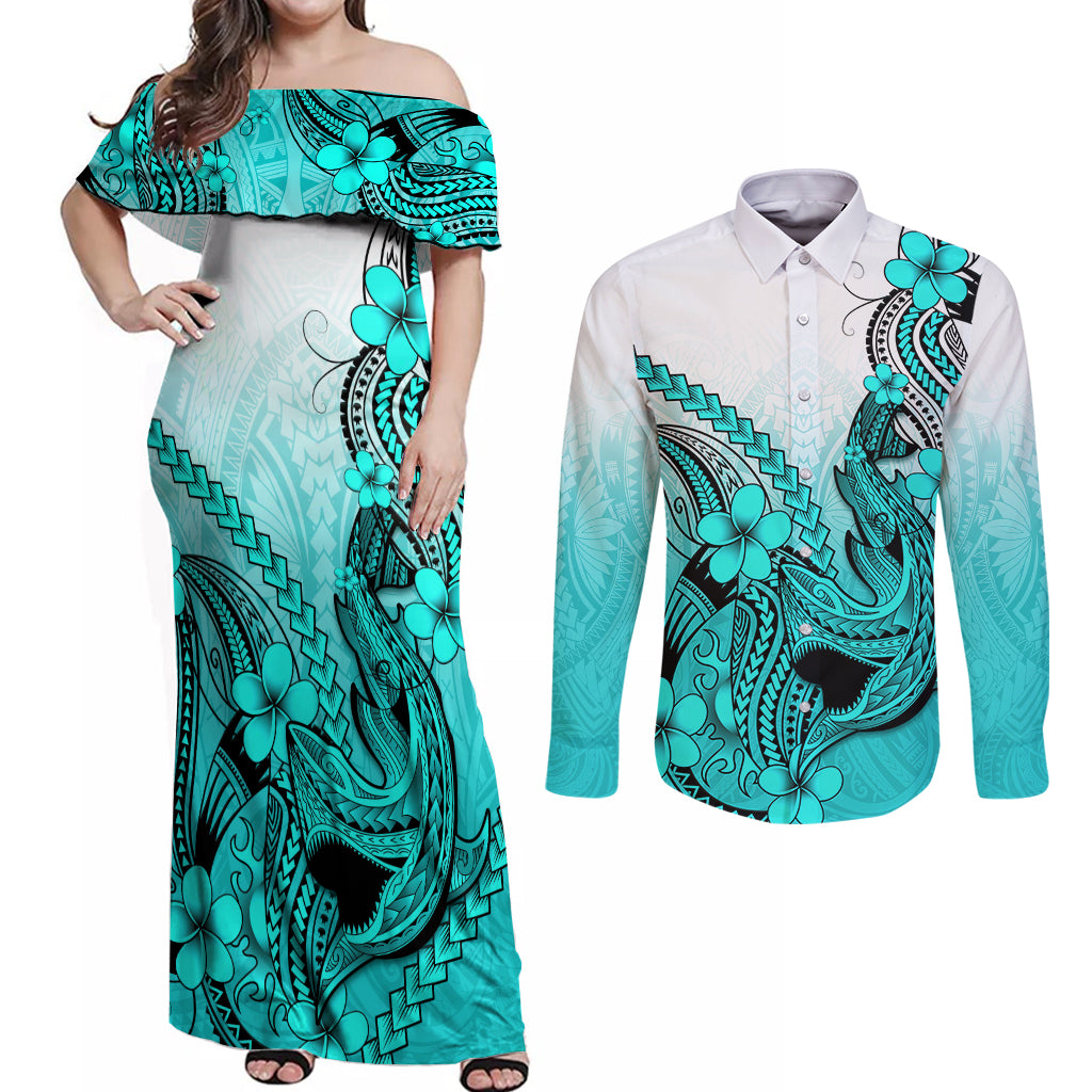Hawaii Couples Matching Off Shoulder Maxi Dress and Long Sleeve Button Shirts Polynesian Shark Tattoo With Plumeria Turquoise Gradient LT14 Turquoise - Polynesian Pride