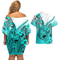 Hawaii Couples Matching Off Shoulder Short Dress and Hawaiian Shirt Polynesian Shark Tattoo With Plumeria Turquoise Gradient LT14 - Polynesian Pride