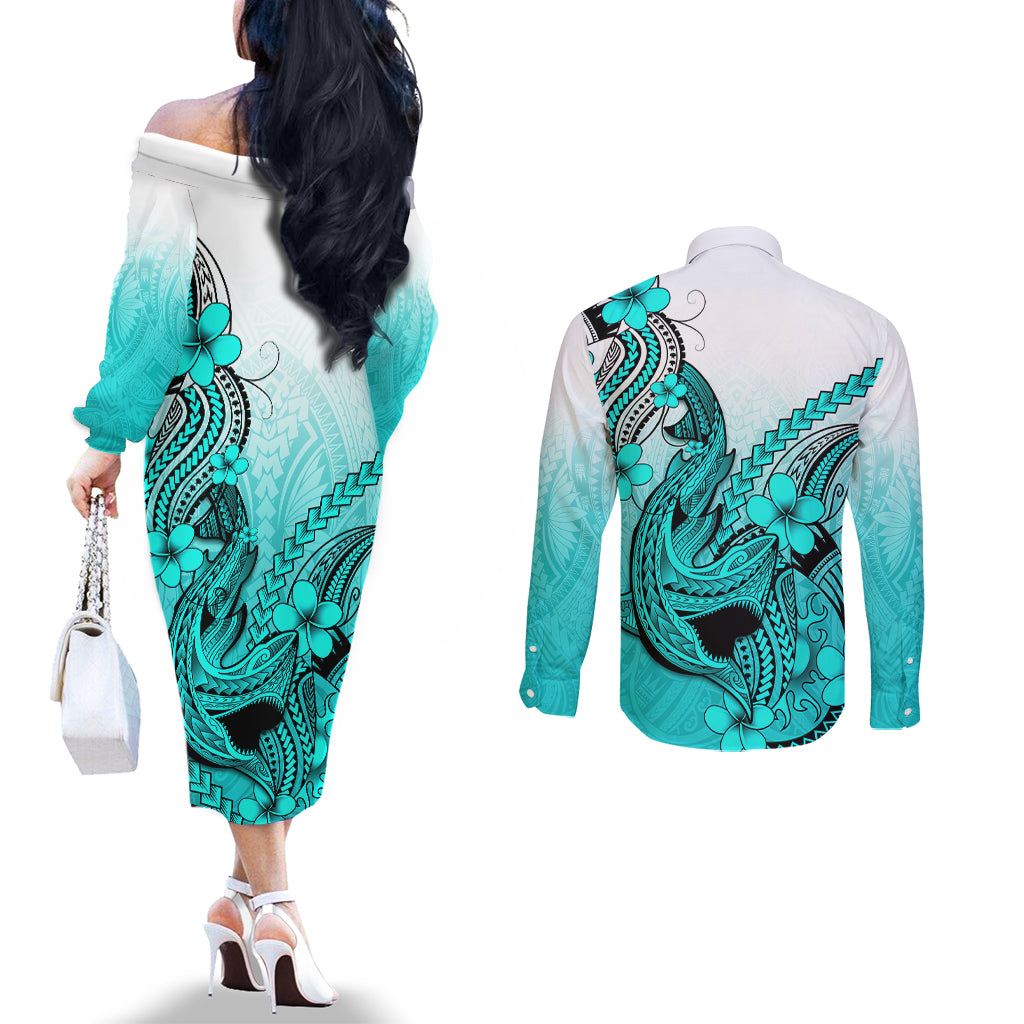 Hawaii Couples Matching Off The Shoulder Long Sleeve Dress and Long Sleeve Button Shirts Polynesian Shark Tattoo With Plumeria Turquoise Gradient LT14 - Polynesian Pride
