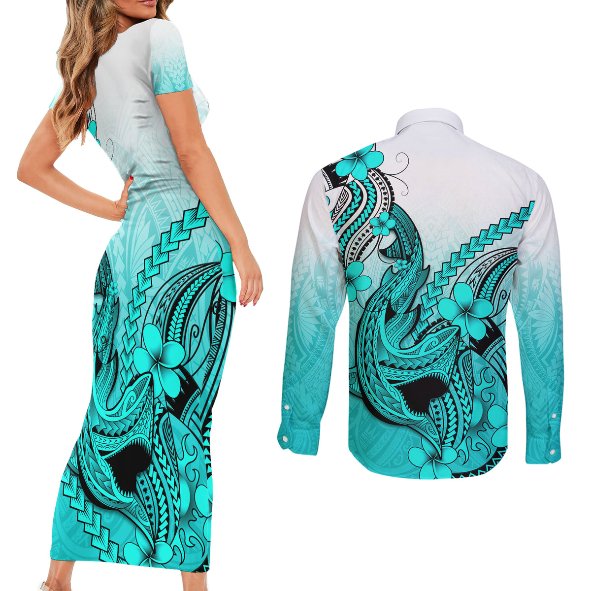 Hawaii Couples Matching Short Sleeve Bodycon Dress and Long Sleeve Button Shirts Polynesian Shark Tattoo With Plumeria Turquoise Gradient LT14 - Polynesian Pride