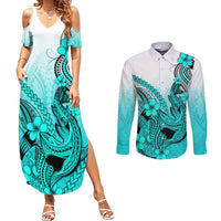 Hawaii Couples Matching Summer Maxi Dress and Long Sleeve Button Shirts Polynesian Shark Tattoo With Plumeria Turquoise Gradient LT14 Turquoise - Polynesian Pride