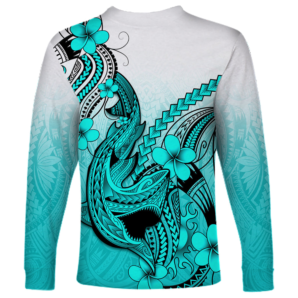 Hawaii Long Sleeve Shirt Polynesian Shark Tattoo With Plumeria Turquoise Gradient LT14 - Polynesian Pride