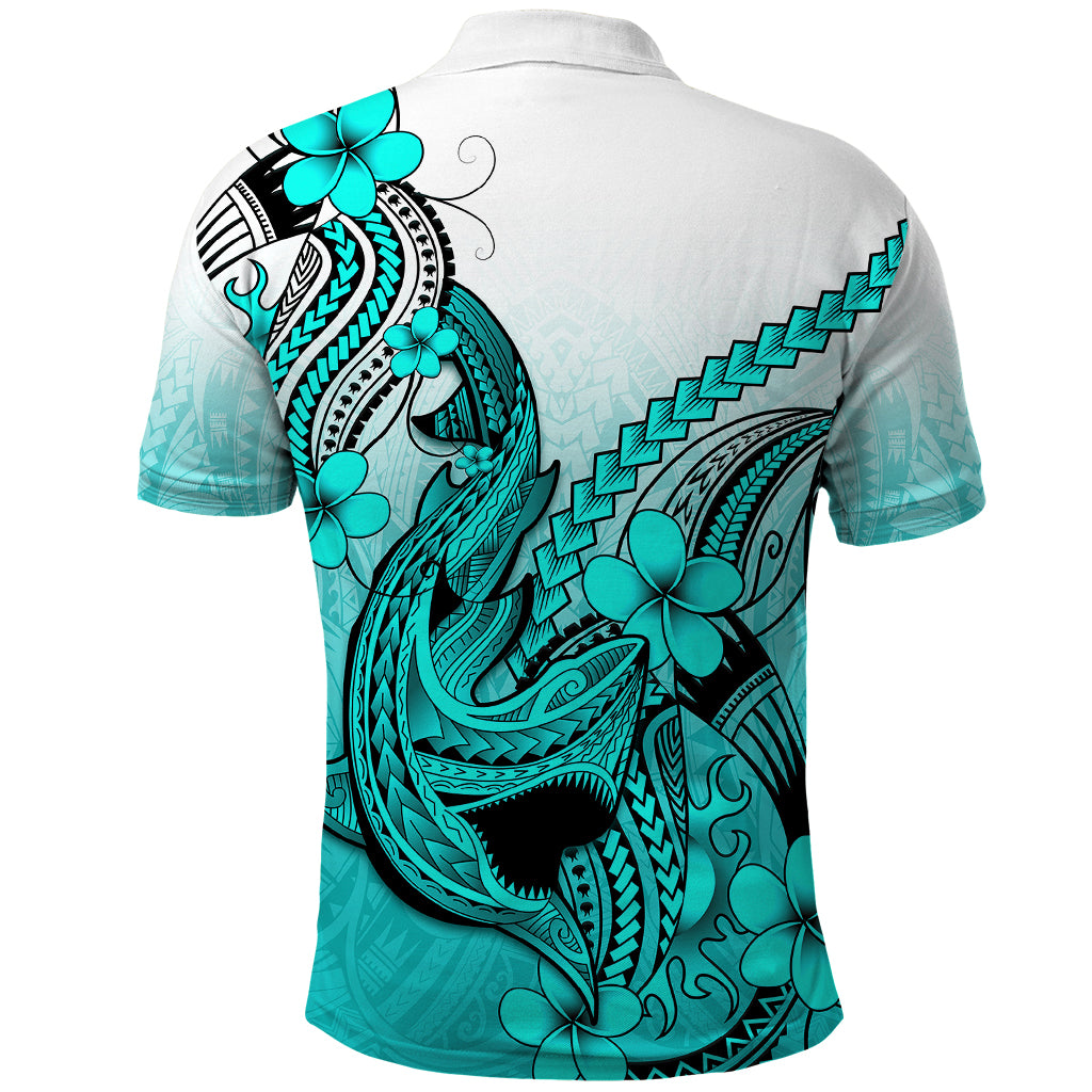 Hawaii Polo Shirt Polynesian Shark Tattoo With Plumeria Turquoise Gradient LT14 - Polynesian Pride
