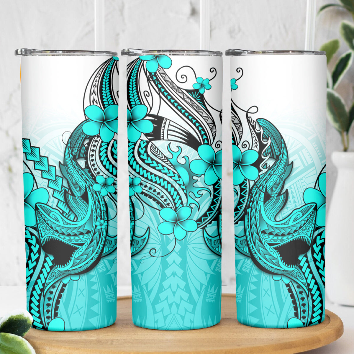 Hawaii Skinny Tumbler Polynesian Shark Tattoo With Plumeria Turquoise Gradient