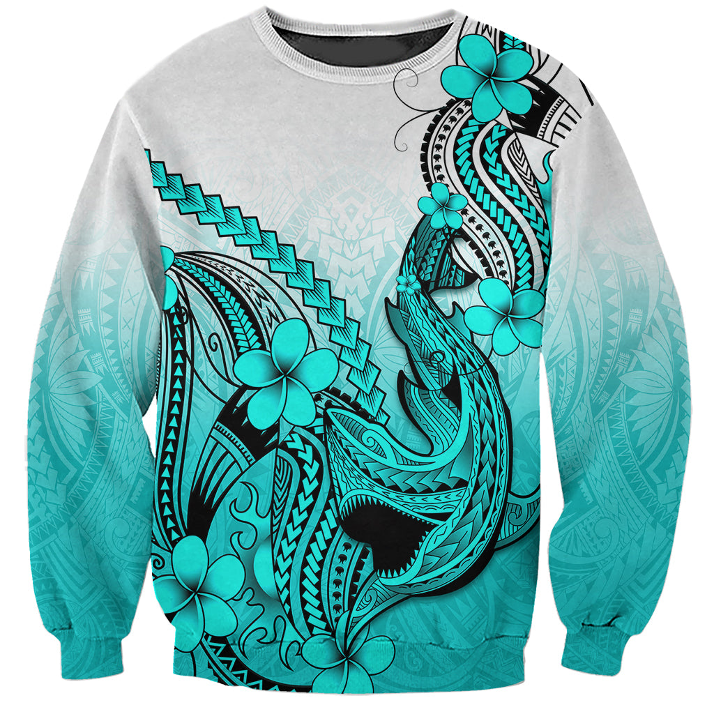 Hawaii Sweatshirt Polynesian Shark Tattoo With Plumeria Turquoise Gradient LT14 Unisex Turquoise - Polynesian Pride