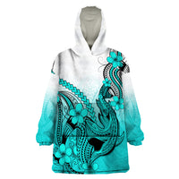 Hawaii Wearable Blanket Hoodie Polynesian Shark Tattoo With Plumeria Turquoise Gradient LT14 One Size Turquoise - Polynesian Pride