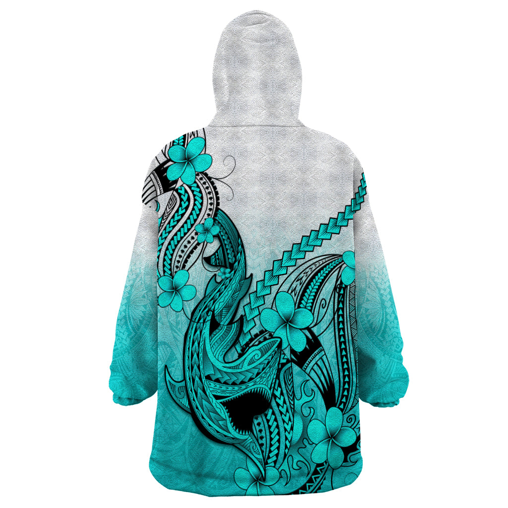 Hawaii Wearable Blanket Hoodie Polynesian Shark Tattoo With Plumeria Turquoise Gradient LT14 - Polynesian Pride