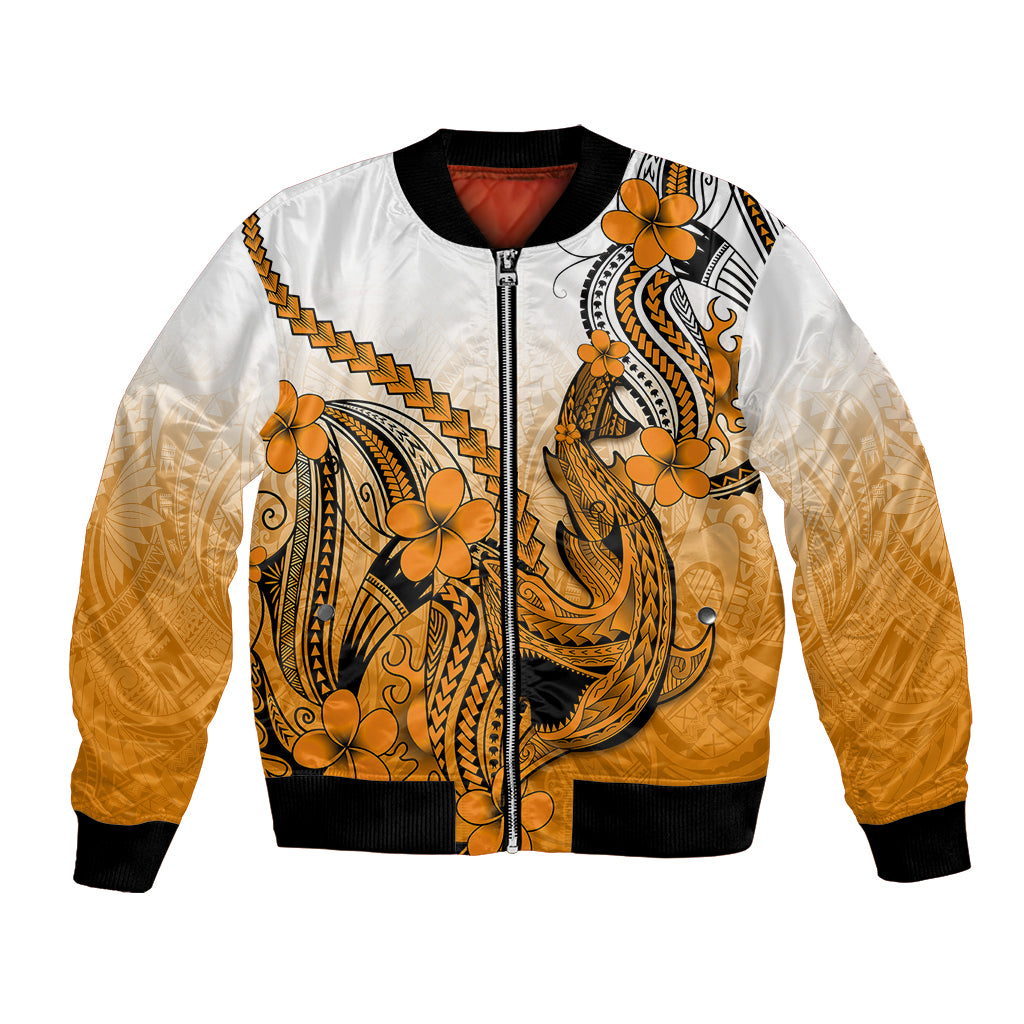 Hawaii Bomber Jacket Polynesian Shark Tattoo With Plumeria Orange Gradient LT14 Unisex Orange - Polynesian Pride