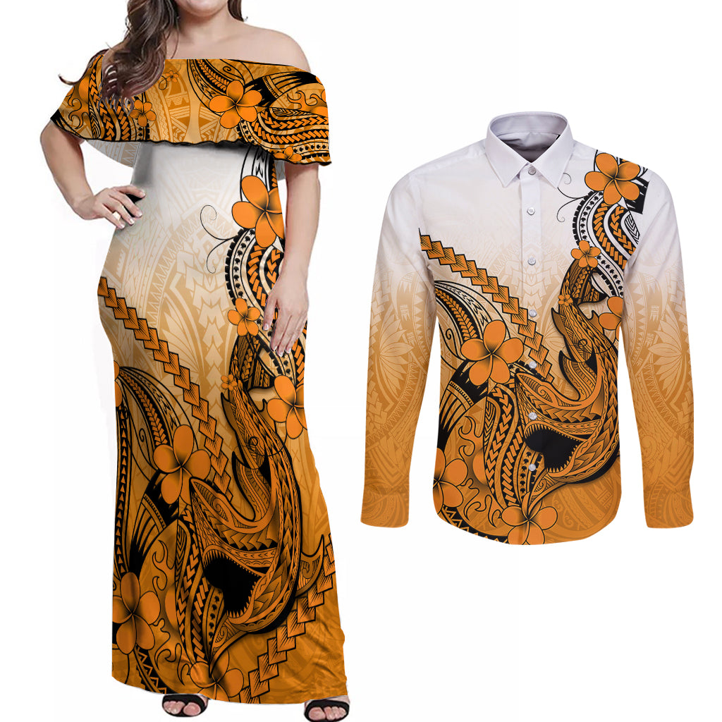 Hawaii Couples Matching Off Shoulder Maxi Dress and Long Sleeve Button Shirts Polynesian Shark Tattoo With Plumeria Orange Gradient LT14 Orange - Polynesian Pride