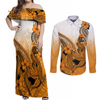Hawaii Couples Matching Off Shoulder Maxi Dress and Long Sleeve Button Shirts Polynesian Shark Tattoo With Plumeria Orange Gradient LT14 Orange - Polynesian Pride