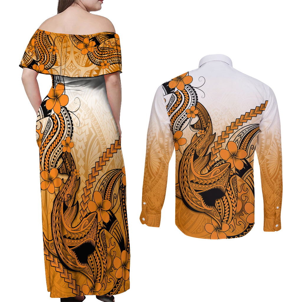 Hawaii Couples Matching Off Shoulder Maxi Dress and Long Sleeve Button Shirts Polynesian Shark Tattoo With Plumeria Orange Gradient LT14 - Polynesian Pride