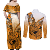 Hawaii Couples Matching Off Shoulder Maxi Dress and Long Sleeve Button Shirts Polynesian Shark Tattoo With Plumeria Orange Gradient LT14 - Polynesian Pride
