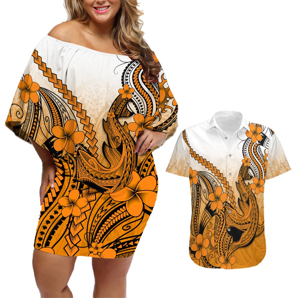 Hawaii Couples Matching Off Shoulder Short Dress and Hawaiian Shirt Polynesian Shark Tattoo With Plumeria Orange Gradient LT14 Orange - Polynesian Pride