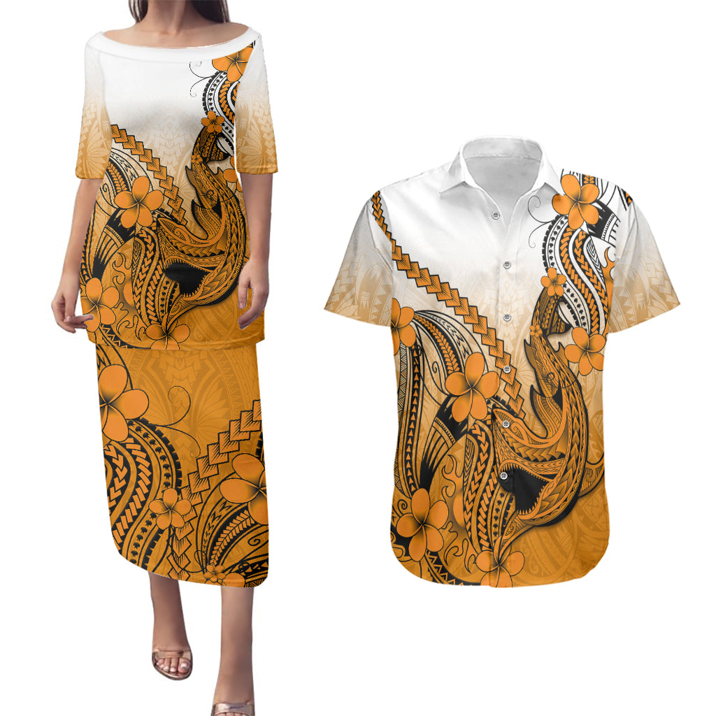 Hawaii Couples Matching Puletasi Dress and Hawaiian Shirt Polynesian Shark Tattoo With Plumeria Orange Gradient LT14 Orange - Polynesian Pride