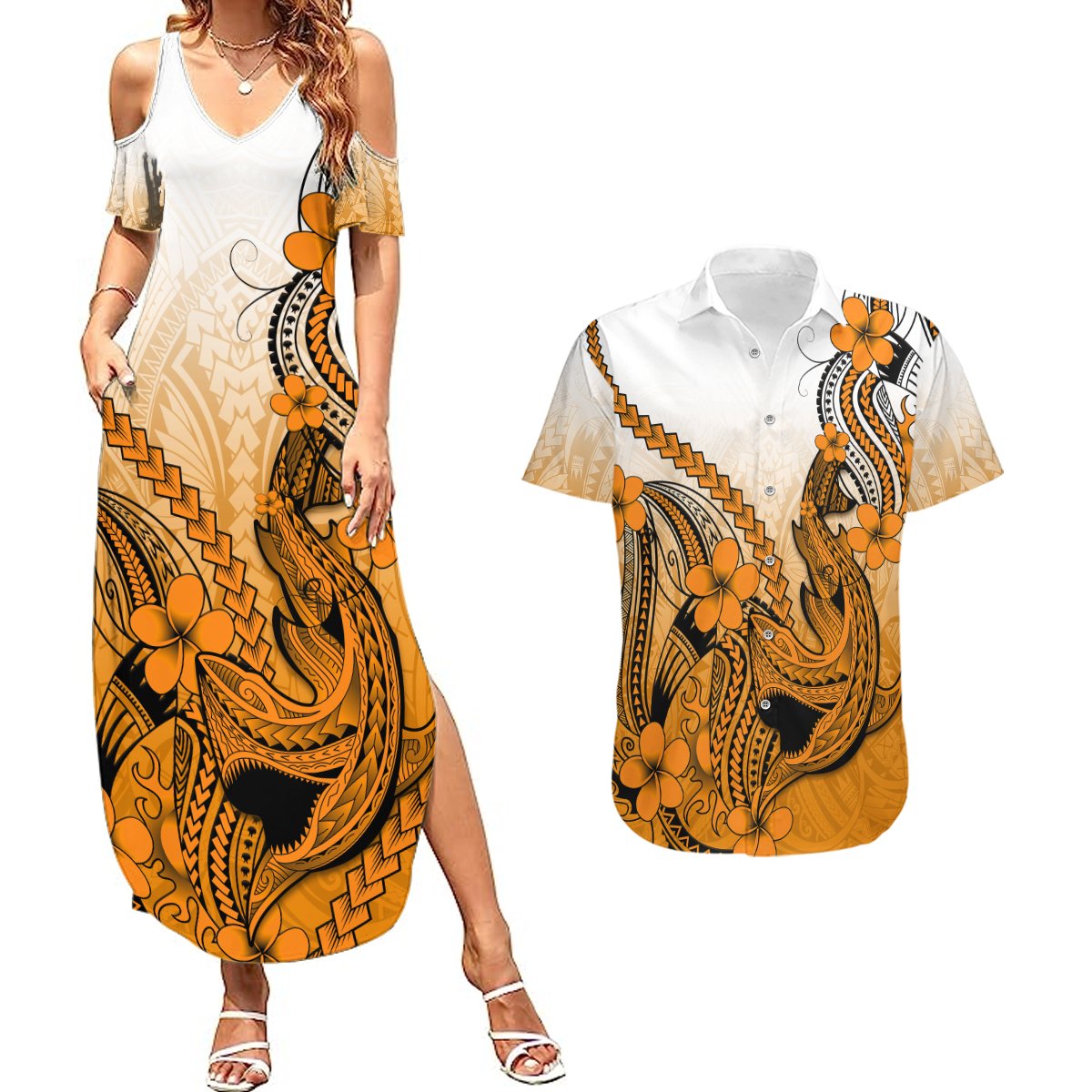 Hawaii Couples Matching Summer Maxi Dress and Hawaiian Shirt Polynesian Shark Tattoo With Plumeria Orange Gradient LT14 Orange - Polynesian Pride