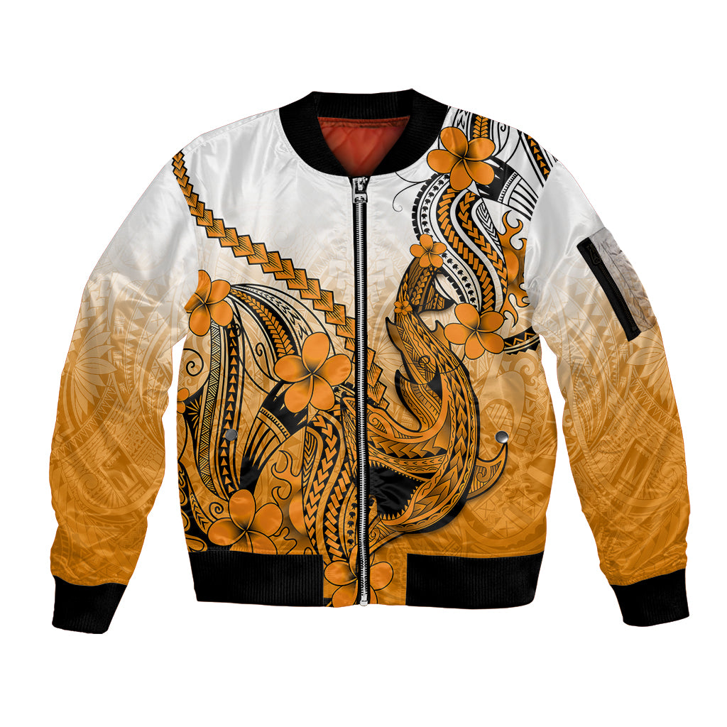 Hawaii Sleeve Zip Bomber Jacket Polynesian Shark Tattoo With Plumeria Orange Gradient LT14 Unisex Orange - Polynesian Pride