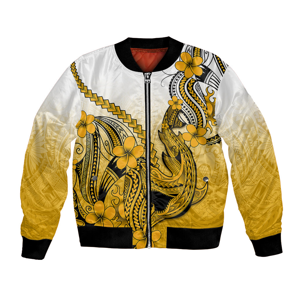 Hawaii Bomber Jacket Polynesian Shark Tattoo With Plumeria Gold Gradient LT14 Unisex Gold - Polynesian Pride