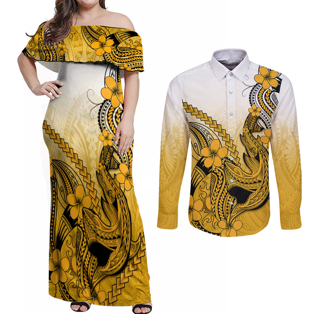 Hawaii Couples Matching Off Shoulder Maxi Dress and Long Sleeve Button Shirts Polynesian Shark Tattoo With Plumeria Gold Gradient LT14 Gold - Polynesian Pride