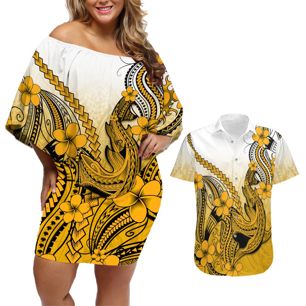 Hawaii Couples Matching Off Shoulder Short Dress and Hawaiian Shirt Polynesian Shark Tattoo With Plumeria Gold Gradient LT14 Gold - Polynesian Pride