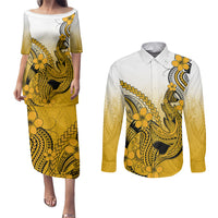 Hawaii Couples Matching Puletasi Dress and Long Sleeve Button Shirts Polynesian Shark Tattoo With Plumeria Gold Gradient LT14 Gold - Polynesian Pride