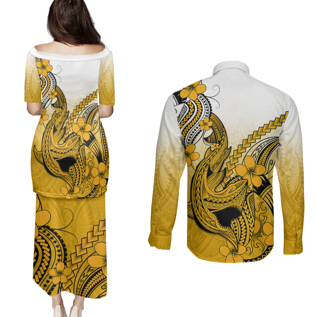 Hawaii Couples Matching Puletasi Dress and Long Sleeve Button Shirts Polynesian Shark Tattoo With Plumeria Gold Gradient LT14 - Polynesian Pride