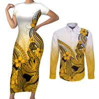 Hawaii Couples Matching Short Sleeve Bodycon Dress and Long Sleeve Button Shirts Polynesian Shark Tattoo With Plumeria Gold Gradient LT14 Gold - Polynesian Pride