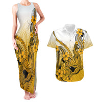 Hawaii Couples Matching Tank Maxi Dress And Hawaiian Shirt Polynesian Shark Tattoo With Plumeria Gold Gradient LT14 Gold - Polynesian Pride