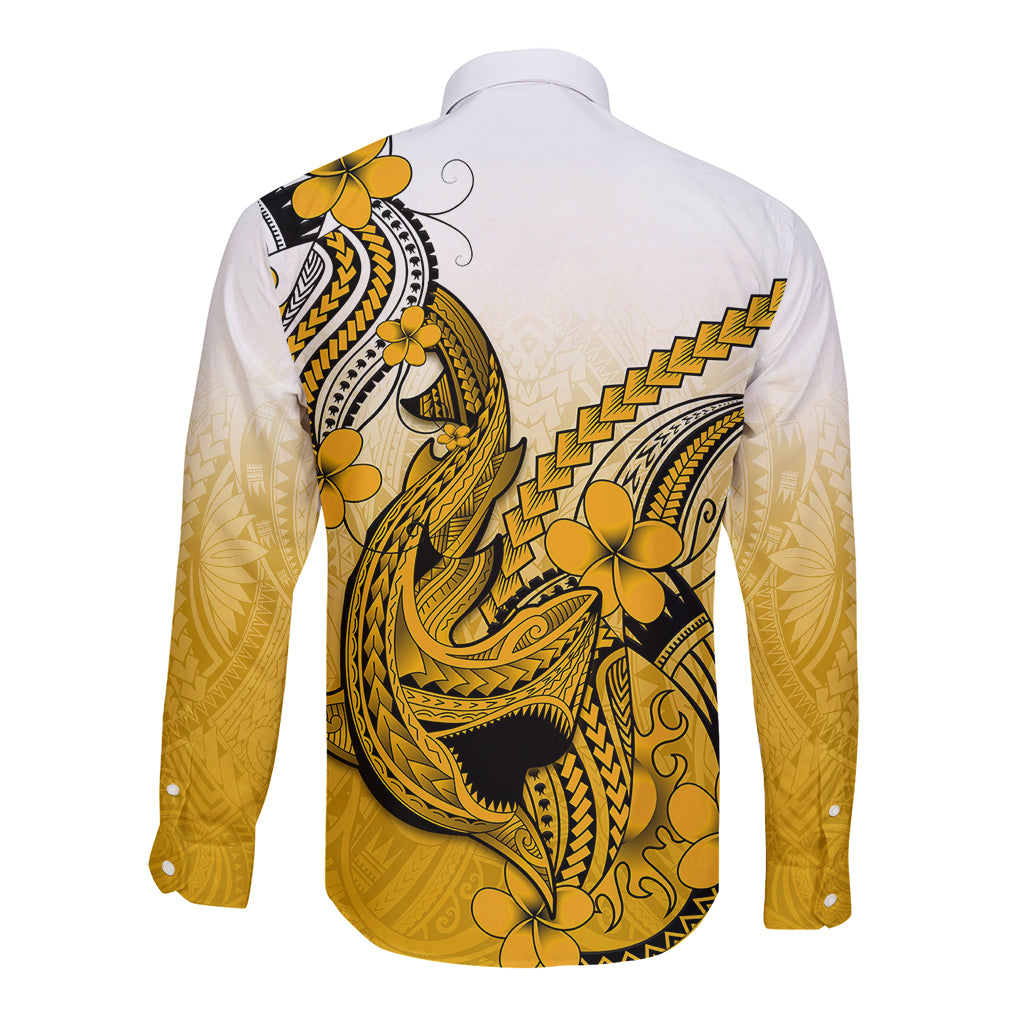 Hawaii Long Sleeve Button Shirt Polynesian Shark Tattoo With Plumeria Gold Gradient LT14 - Polynesian Pride