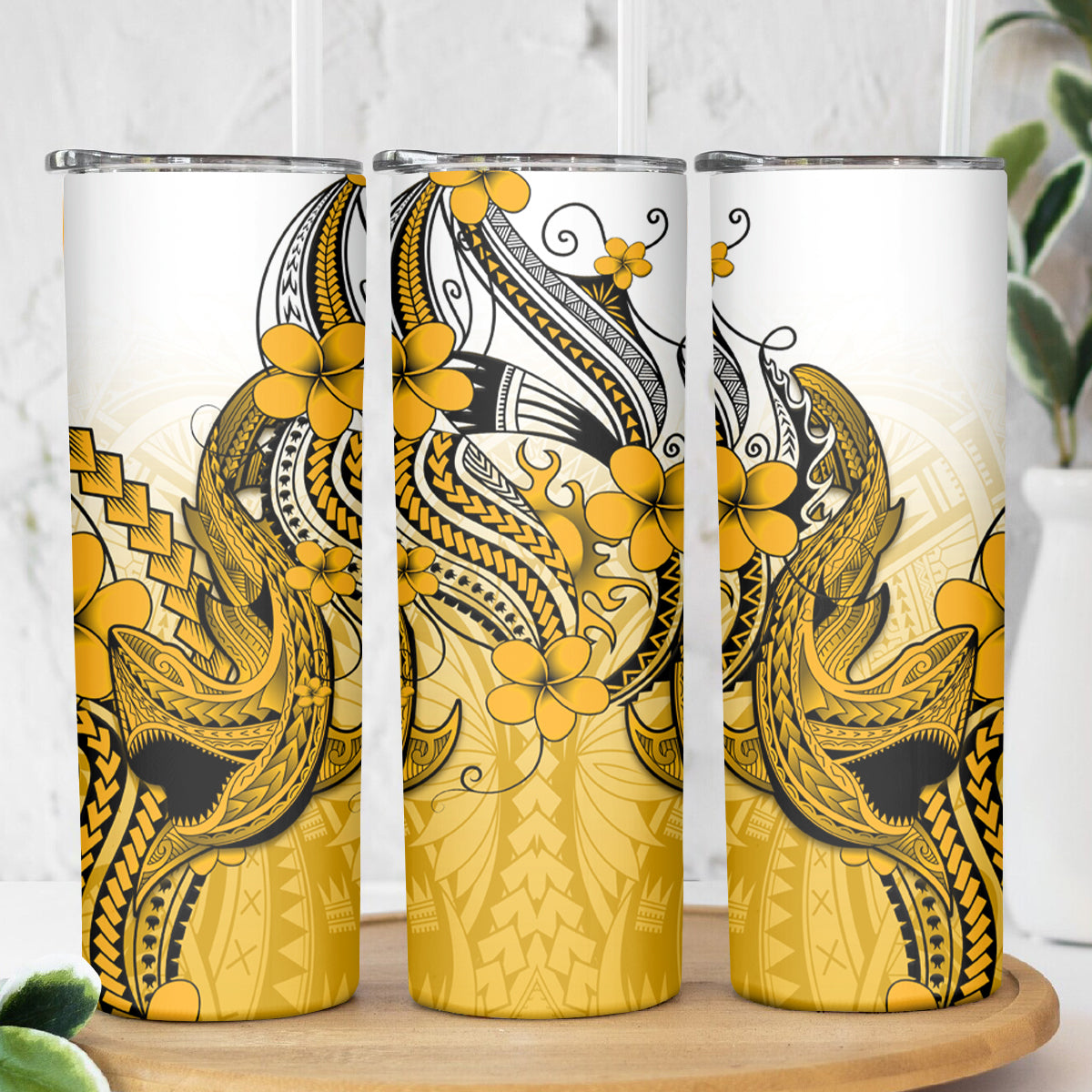 Hawaii Skinny Tumbler Polynesian Shark Tattoo With Plumeria Gold Gradient