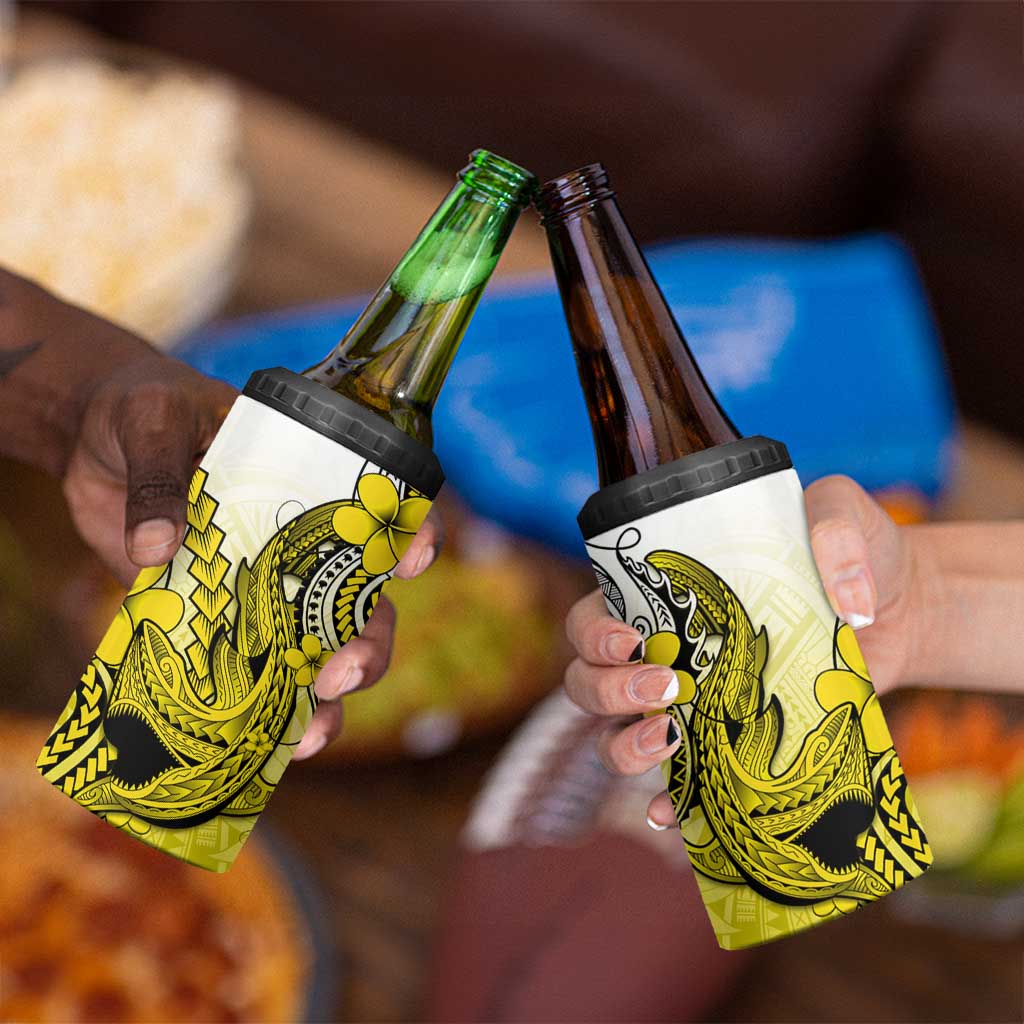 Hawaii 4 in 1 Can Cooler Tumbler Polynesian Shark Tattoo With Plumeria Yellow Gradient