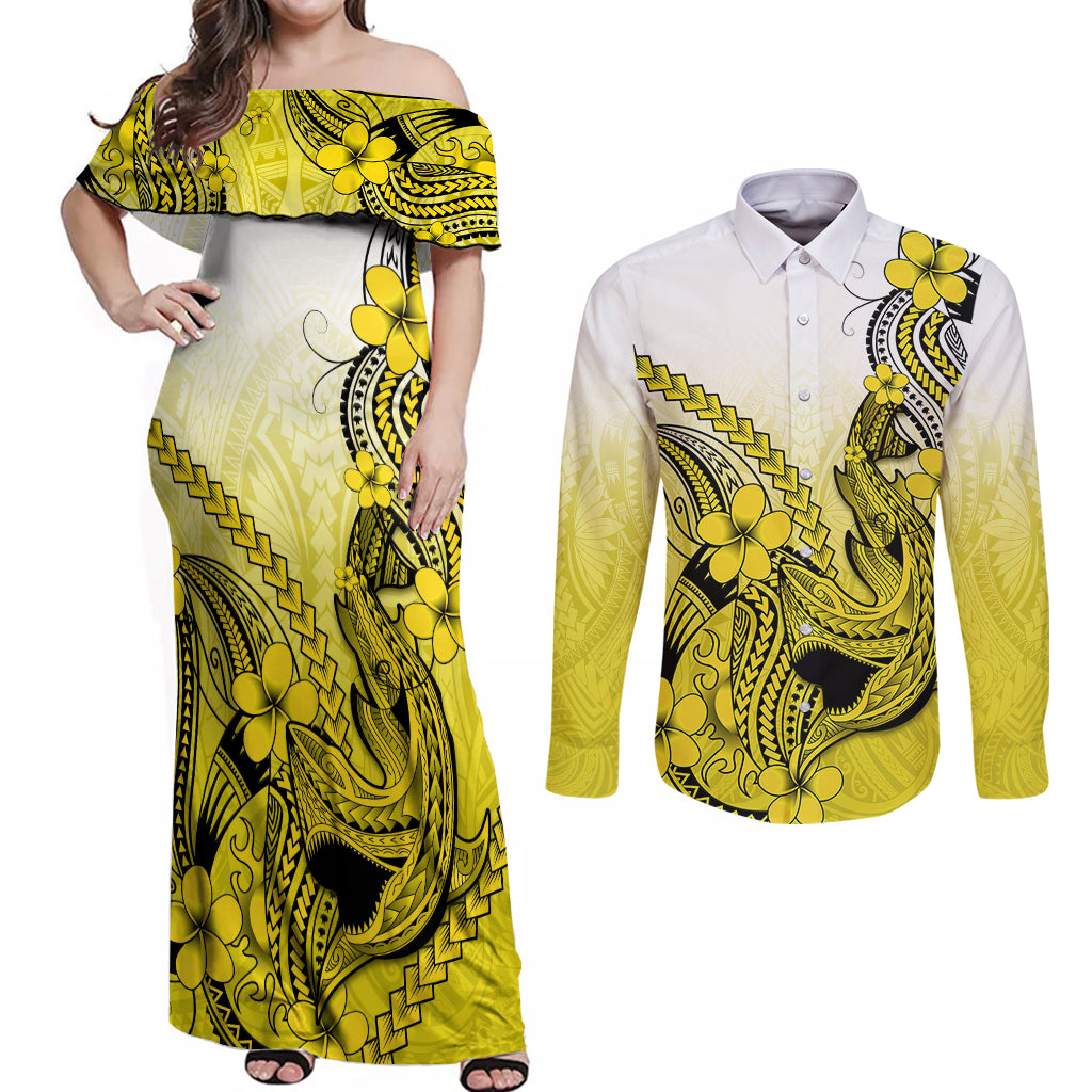 Hawaii Couples Matching Off Shoulder Maxi Dress and Long Sleeve Button Shirts Polynesian Shark Tattoo With Plumeria Yellow Gradient LT14 Yellow - Polynesian Pride