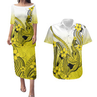 Hawaii Couples Matching Puletasi Dress and Hawaiian Shirt Polynesian Shark Tattoo With Plumeria Yellow Gradient LT14 Yellow - Polynesian Pride