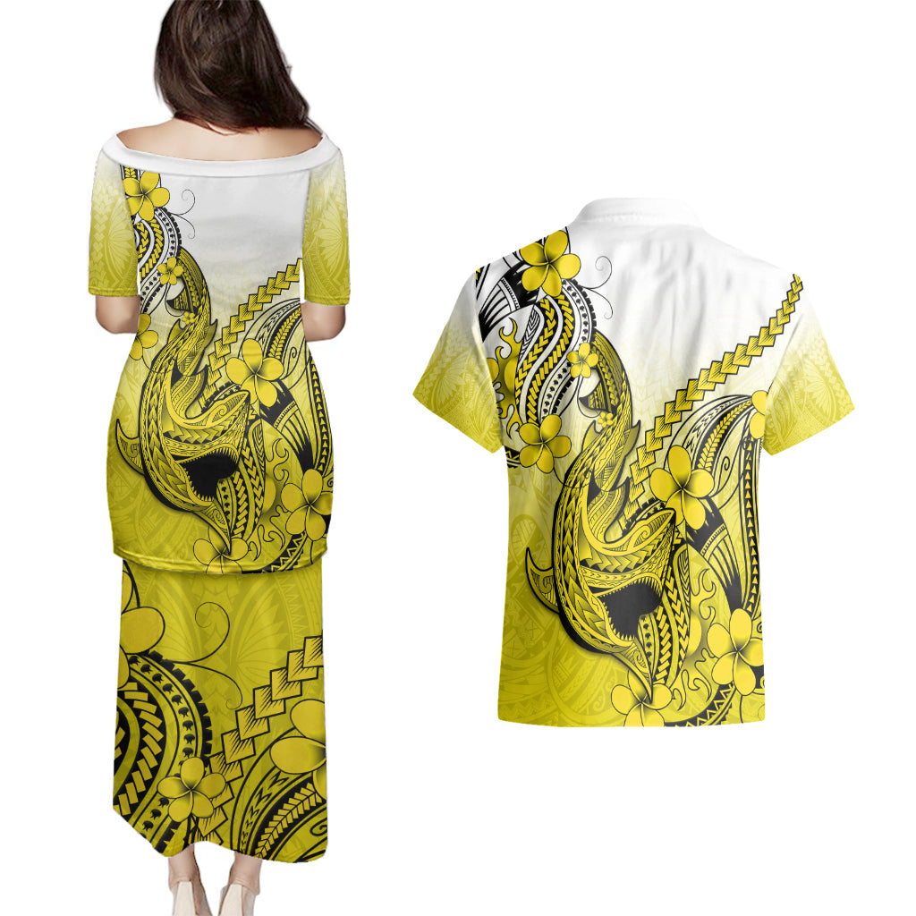Hawaii Couples Matching Puletasi Dress and Hawaiian Shirt Polynesian Shark Tattoo With Plumeria Yellow Gradient LT14 - Polynesian Pride